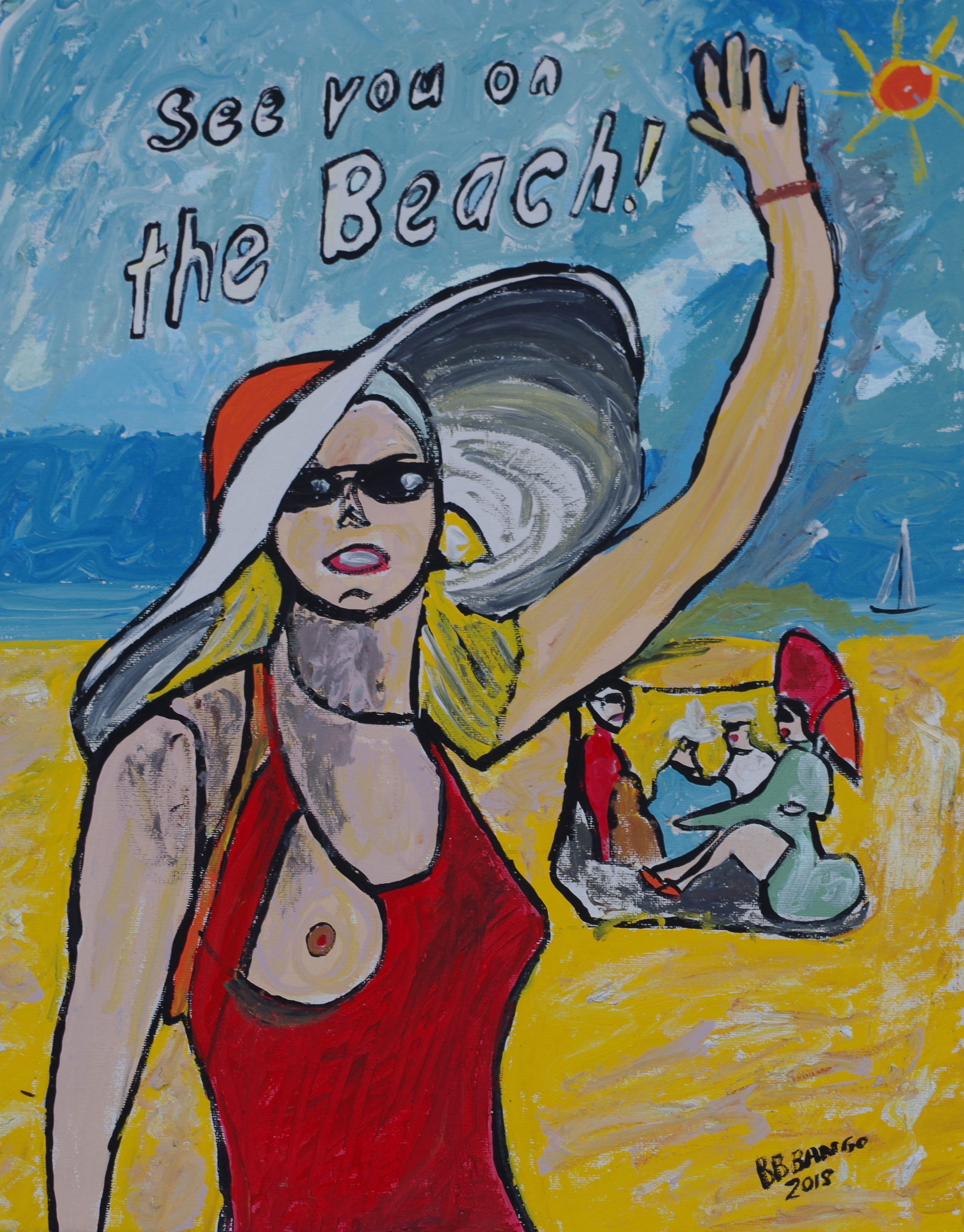 'Come to the Beach' by BB Bango based 20 by 16 inch acrylic on canvas. Sold to art collector in UK